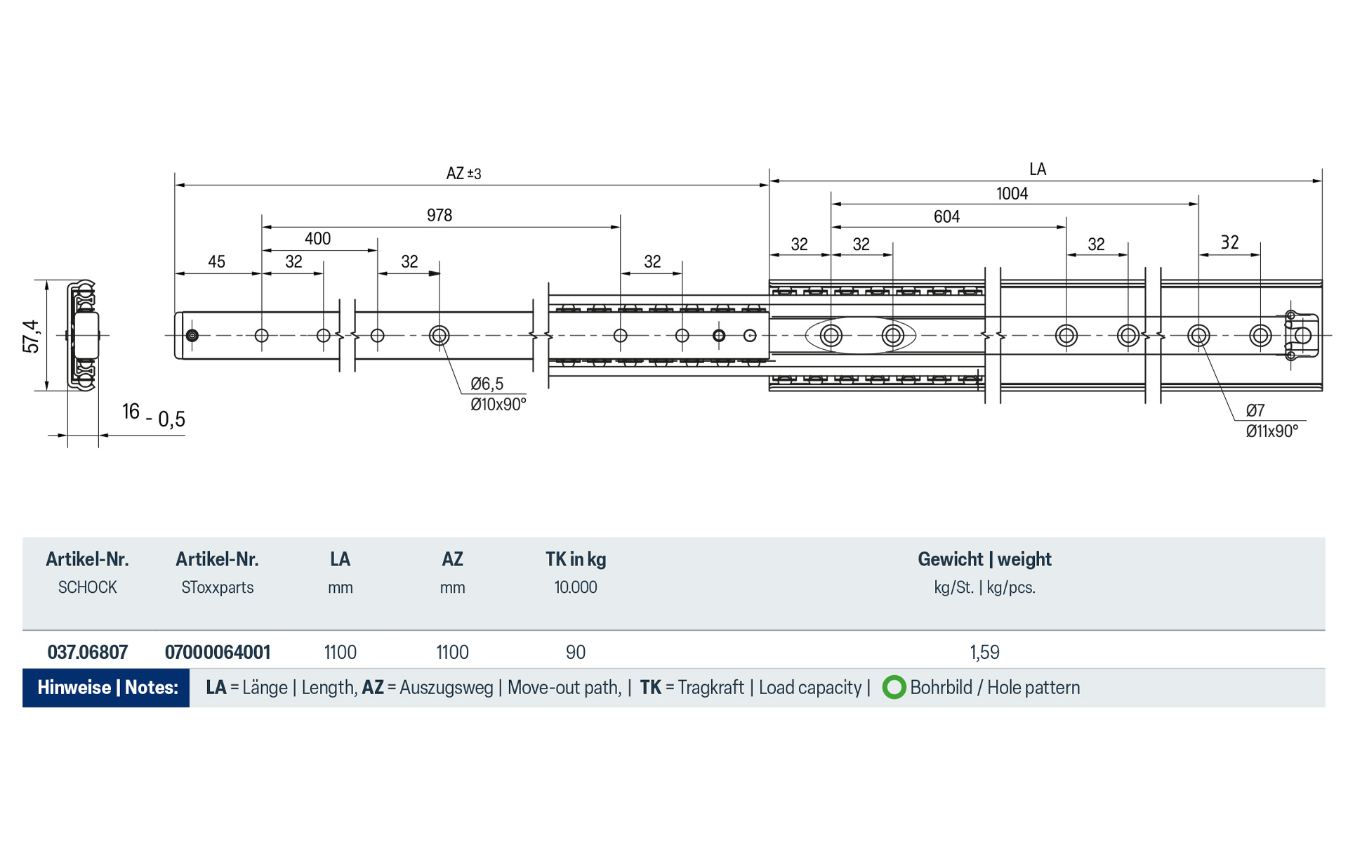 Telescopic slide full extension 037 | up to 90 kg | length 1100 mm | Schock telescopic slides - Image 2